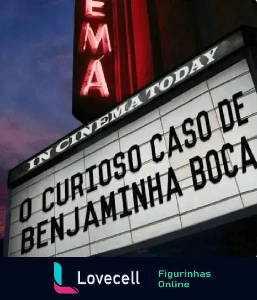 Figurinha de WhatsApp da pasta 'INDIRETAS PRO CRUSH', mostrando um letreiro de cinema com o título 'O Curioso Caso de Benjaminha Boca'.