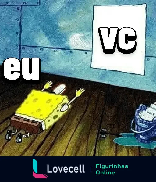 Imagem do Bob Esponja se curvando diante de um papel com 'vc'. Ideal para expressar admiração e amor no Dia dos Namorados.