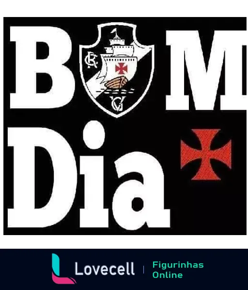 Figurinha do WhatsApp 'Bom Dia Vasco' com escudo do Vasco da Gama e cruz de malta sobre fundo preto