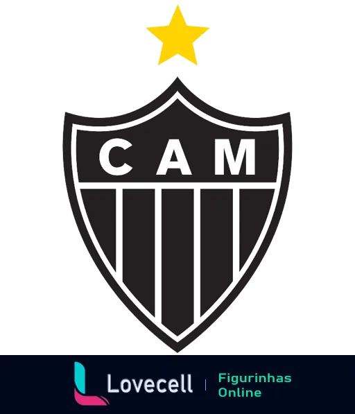 Escudo do Atlético Mineiro com estrela dourada acima, contendo as letras CAM no topo e listras verticais pretas e brancas. Ideal para fãs do clube.