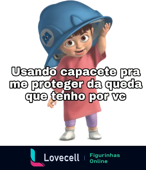 Personagem animada usando capacete azul com a frase: Usando capacete pra me proteger da queda que tenho por vc. Cantada para o(a) Crush.