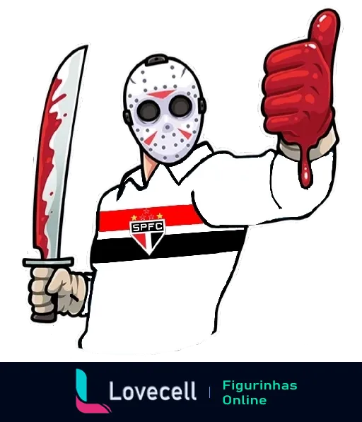 Figurinha de Jason Voorhees com camisa do São Paulo segurando faca ensanguentada e fazendo sinal de positivo