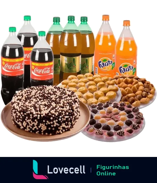 Feliz Aniversário! Veja essa deliciosa seleção de doces e refrigerantes com sabores diversos, bolo, brigadeiros e doces populares.