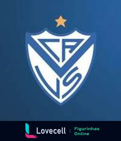 Figurinha do escudo do Vélez Sarsfield, emblema azul com letra 'V' grande e estrela no topo