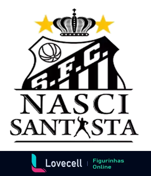 Figurinha com escudo do Santos Futebol Clube e texto 'Nasci Santasta', mostrando expressão de orgulho torcedor e elementos de futebol ao fundo