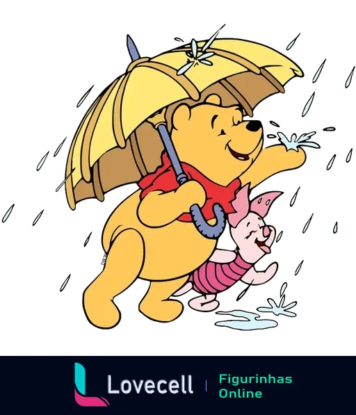 Ursinho Pooh segurando um guarda-chuva com Leitão em um dia de chuva. Estão se divertindo enquanto as gotas de chuva caem ao redor.