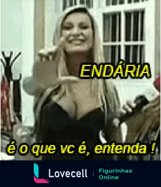 Feliz Aniversário da Andressa: Mulher sorridente aponta dedo dizendo 'ENDÁRIA é o que vc é, entenda!'.