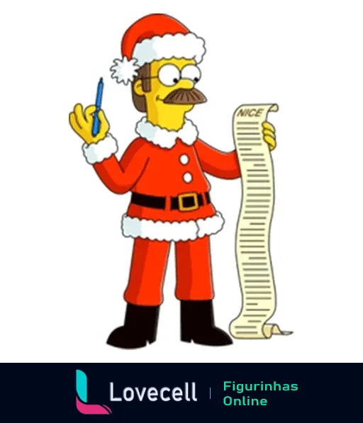 Ned Flanders dos Simpsons vestido de Papai Noel segurando caneta e papel com título 'NICE', verificando lista de boas ações com expressão séria e focada