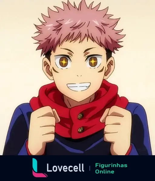 Animação do personagem de Jujutsu Kaisen sorrindo com um cachecol vermelho, em vários frames. Ideal para expressar alegria e felicidade no WhatsApp.