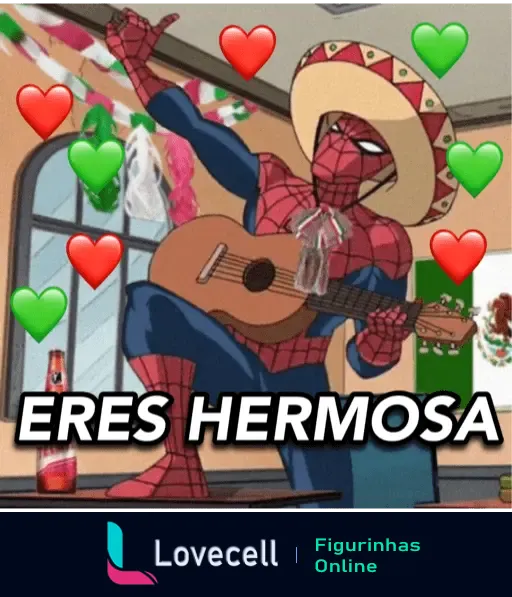 Spider-Man com chapéu mexicano tocando violão, cercado por corações coloridos e a frase 'Eres Hermosa'.