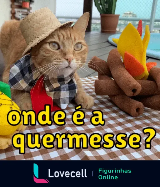 Gato de chapéu de palha e lenço na mesa com fogueira falsa, perguntando 'Onde é a quermesse?' em tema de Festa Junina.