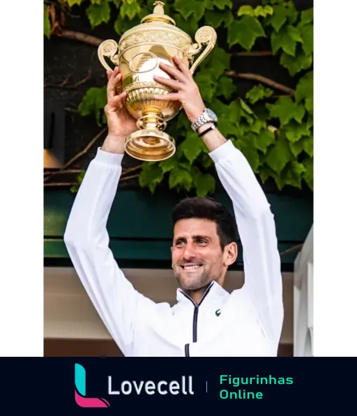 Homem sorridente levantando troféu de ouro acima da cabeça, vestindo jaqueta branca esportiva com folhas verdes ao fundo, em celebração de vitória em Wimbledon