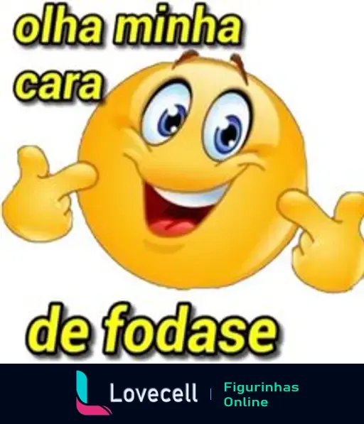 Emoji sorridente com expressão descontraída, com texto "olha minha cara de fodase". Representa atitude despreocupada e humor, ideal para memes.