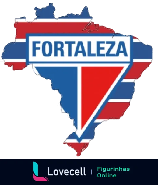 Escudo do Fortaleza Esporte Clube com cores vermelho, azul e branco sobreposto ao mapa do Ceará, com o nome 'FORTALEZA' na parte superior