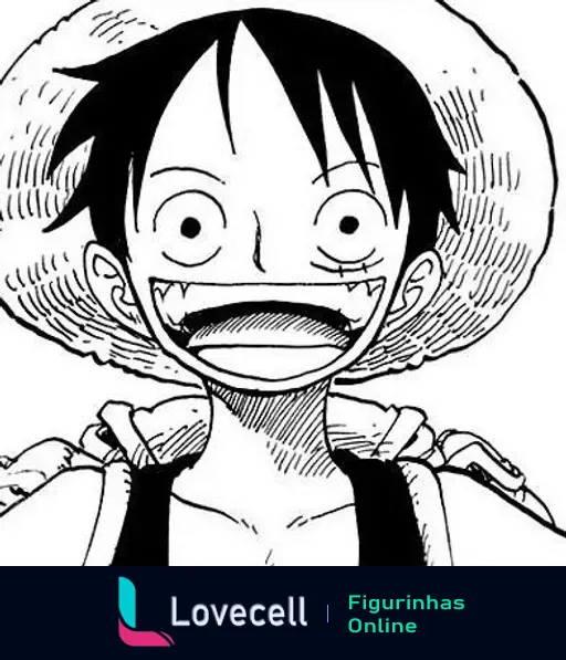 Luffy, personagem de One Piece, exibe um sorriso largo e dentes afiados, vestindo um chapéu de palha e uma blusa preta.