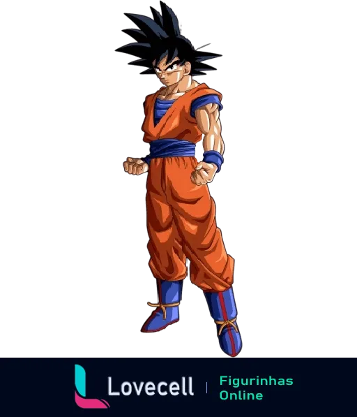 Imagem detalhada do Goku em pé, vestido com seu icônico uniforme laranja e azul, pronto para a batalha.