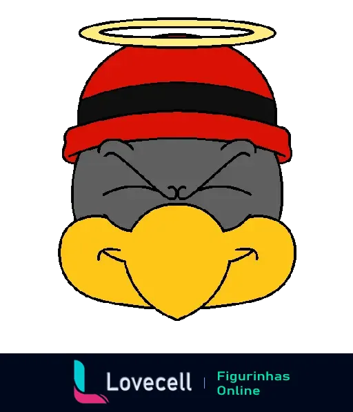 Figurinha de WhatsApp do mascote Urubu do Flamengo com um chapéu vermelho e um halo de anjo acima da cabeça, representando humor e diversão.