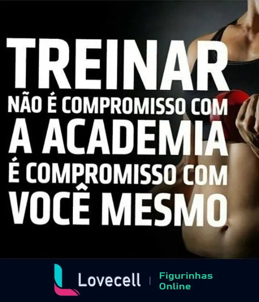 Figurinha com a frase 'TREINAR NÃO É COMPROMISSO COM A ACADEMIA É COMPROMISSO COM VOCÊ MESMO' sobre imagem de um ombro e pescoço de uma pessoa, simbolizando força e dedicação ao treino pessoal.