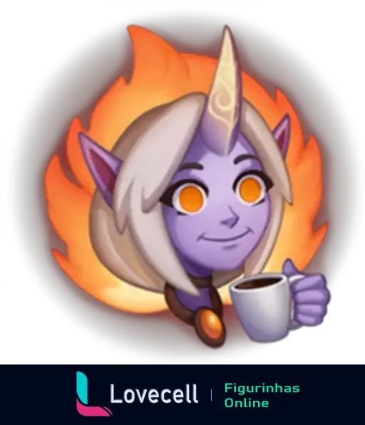 Emote de League of Legends mostrando a personagem Soraka, de pele roxa, chifres e cabelos brancos, com o fundo em chamas, segurando uma xícara de café.