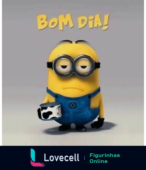 Figurinha de Bom Dia com Minion segurando caneca de café e parecendo sonolento com a frase 'BOM DIA!' escrita na parte superior