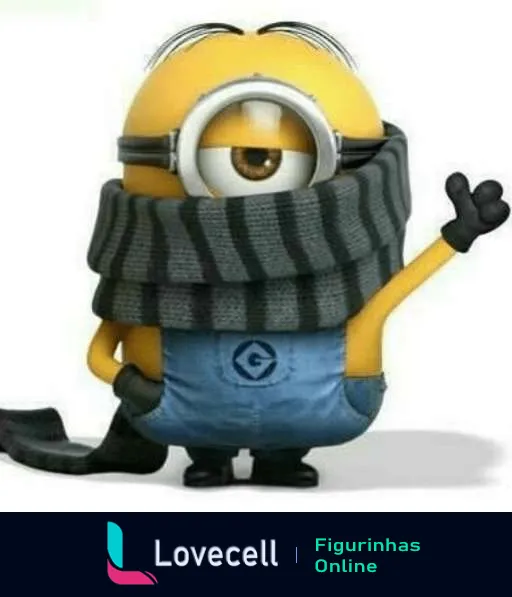 Minion aconchegante vestido com macacão jeans e enrolado em cachecol de lã cinza, acenando com um sorriso amigável