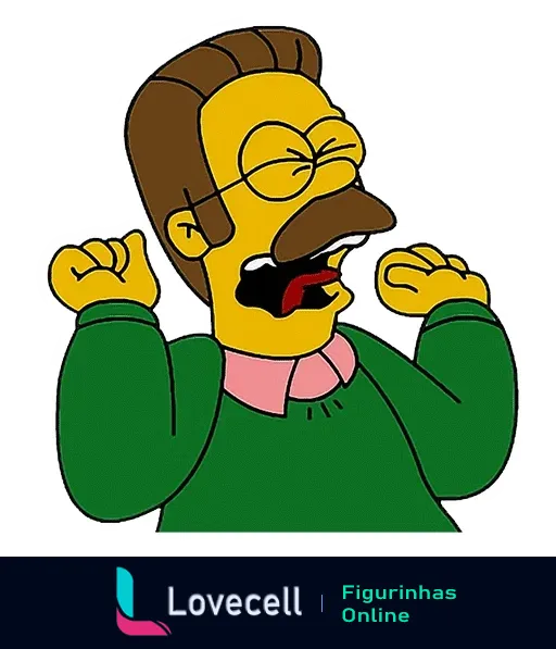 Figurinha do Ned Flanders dos Simpsons comemorando com olhos fechados, boca aberta em alegria e braços levantados, vestindo camisa verde e suéter rosa