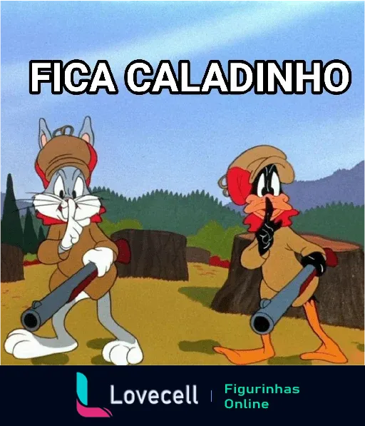 Figurinha PATOLINO/PERNALONGA de Pernalonga e Patolino caçadores no bosque com armas em mãos, ambos gesticulando para ficar caladinho.