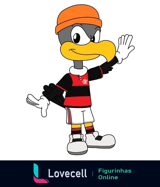 Mascote do Flamengo, um urubu vestido com o uniforme oficial do time, acenando com a mão esquerda, usando um boné laranja e posando amigavelmente