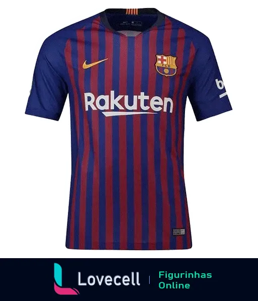 Figurinha da camisa do Barcelona com listras azuis e grenás, logotipo da Nike, emblema do clube e patrocínio da Rakuten