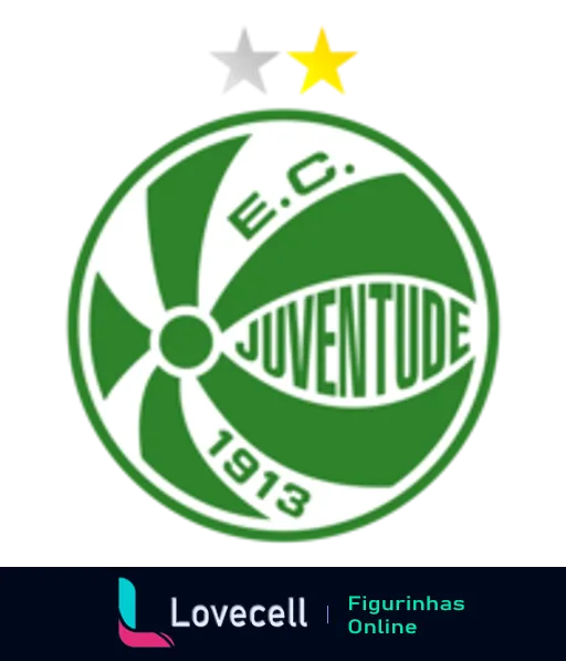 Figurinha do escudo do Esporte Clube Juventude, mostrando um círculo verde com as letras 'E.C. JUVENTUDE' e a data '1913', cercado por uma estrela dourada e uma prateada