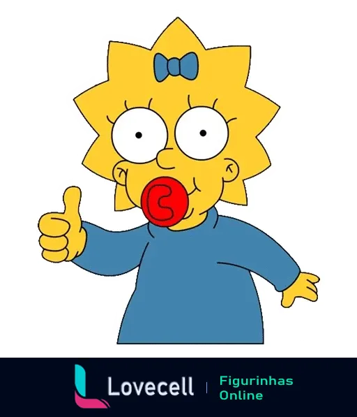 Figurinha da Maggie Simpson aprovando, com polegar para cima, chupeta vermelha e vestido azul, sorrindo, ideal para expressar concordância ou felicidade