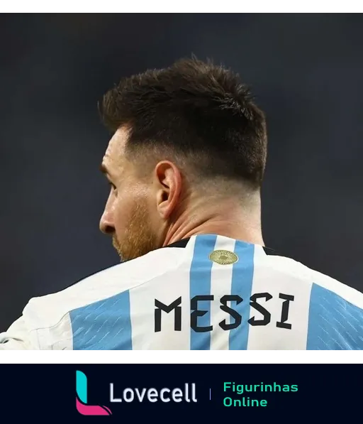 Figurinha de Messi com a camisa da Argentina, listrada em branco e azul, visto de costas com o nome 'MESSI' acima do número