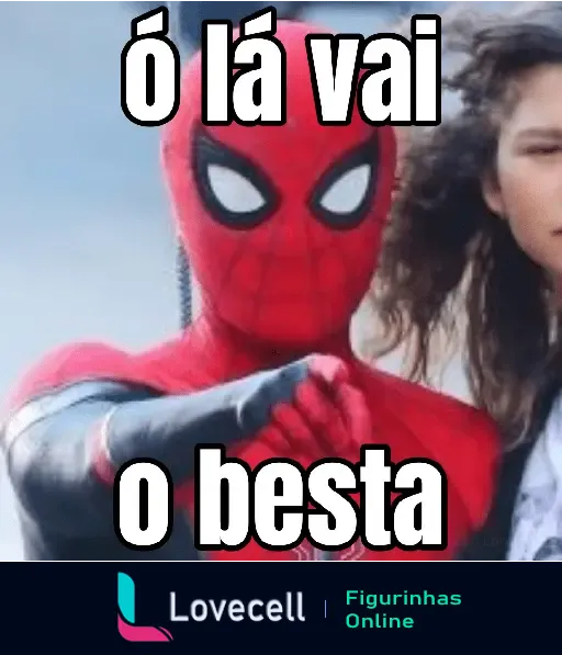 Homem Aranha apontando e dizendo 'Ó lá vai o besta' com uma pessoa ao lado. Meme popular e engraçado do Homem Aranha.