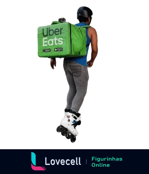 Figurinha de WhatsApp mostrando entregador de Uber Eats de costas, usando patins, capacete preto e mochila térmica verde com logo Uber Eats