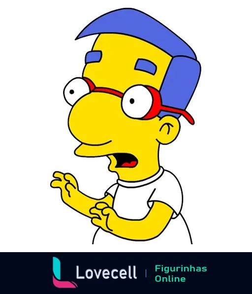 Figurinha de Milhouse Van Houten de 'Os Simpsons' com expressão preocupada, óculos vermelhos e camiseta branca, fazendo gesto de explicação