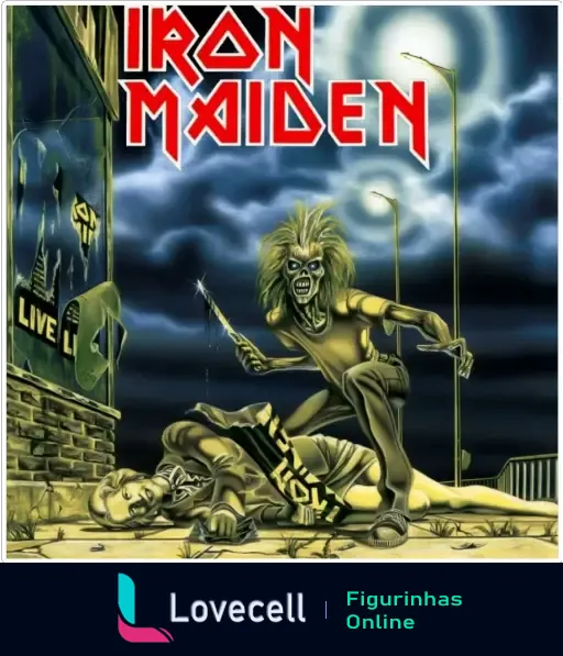 Arte da capa do Iron Maiden com Eddie atacando uma pessoa sob um luar sombrio. Texto visível: 'Iron Maiden' e 'Live'