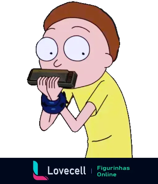 Morty, de 'Rick e Morty', com camiseta amarela e fone azul, concentrado ouvindo música em um Walkman amarelo