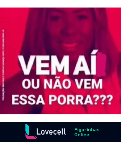 Figurinha de WhatsApp de deboche com a frase 'Vem aí ou não vem essa porra???' em fundo vermelho com uma mulher ao fundo.