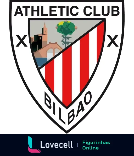 Escudo do Athletic Club Bilbao, com listras vermelhas e brancas e detalhes arquitetônicos, em formato de escudo branco. Ideal para torcedores.