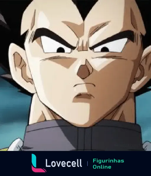 Imagem do personagem Vegeta de uma série de anime conhecido, com expressão séria e determinado, destaque para os olhos profundos e sobrancelhas arqueadas.