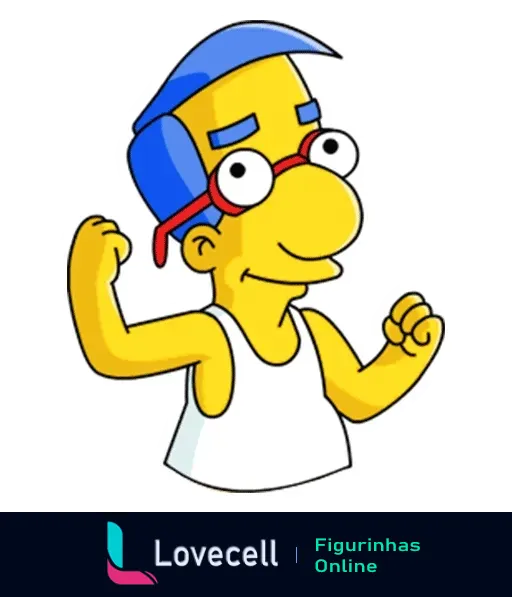 Milhouse Van Houten de 'Os Simpsons' com óculos vermelhos e boné azul para trás, celebrando com punhos cerrados e usando camiseta regata branca