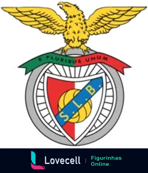 Figurinha do emblema do Sport Lisboa e Benfica com águia, escudo nas cores vermelho, branco e azul, e lema 'E Pluribus Unum'