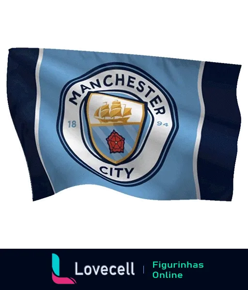 Figurinha da bandeira do Manchester City com cores azul celeste e branco, emblema com navio, rosa vermelha e data 1894