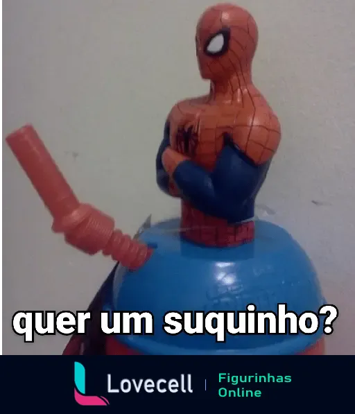 Figurinha do Homem-Aranha segurando um canudo de suco com a frase 'quer um suquinho?'. Ideal para momentos de descontração.