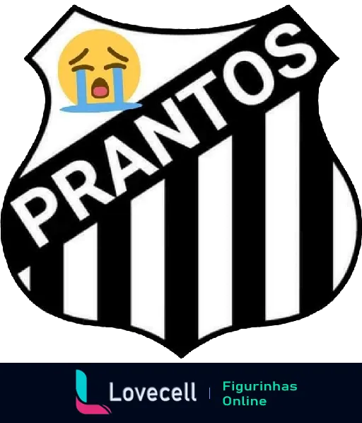 Figurinha 'Prantos' com escudo estilizado do Santos Futebol Clube alterado para 'Prantos' e emoji chorando no topo, representando tristeza ou decepção