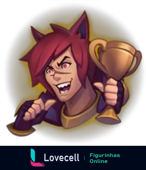 Emote do League of Legends mostrando um personagem com cabelo vermelho e orelhas de gato, levantando um troféu com expressão de vitória.