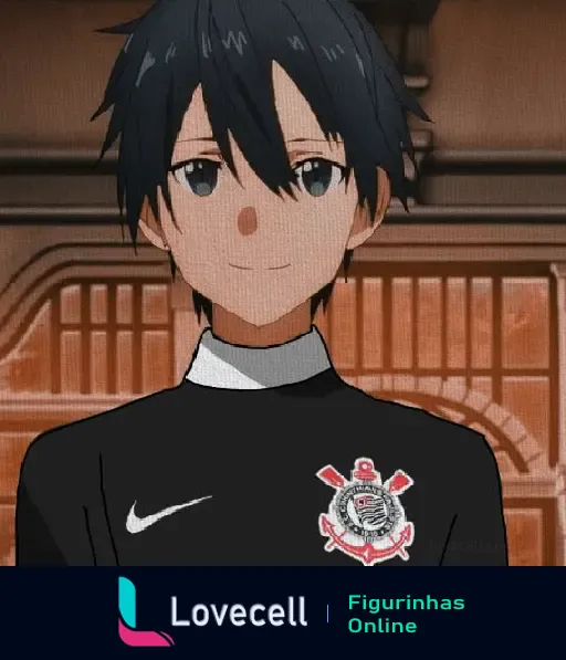 Personagem de anime com cabelo preto, vestindo uniforme do Corinthians, sorrindo em cenário interno. Homenagem ao time Vai Corinthians.