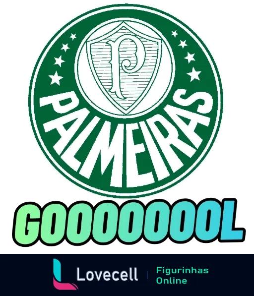 Escudo do Palmeiras em círculo verde e branco com a palavra 'GOOOOOOOL' em letras grandes azuis na parte inferior