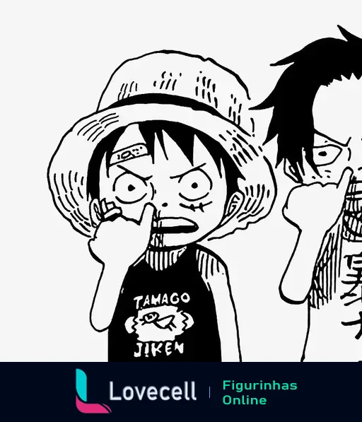 Desenho de Luffy e amigo do anime One Piece com expressões bravas, ambos com dedo no nariz. Em destaque a camisa 'TAMAGO JIKEN'.