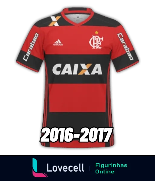 Figurinha da camisa do Flamengo 2016-2017, preto e vermelho com detalhes dourados, patrocínios da Caixa e Carabao, produzida pela Adidas